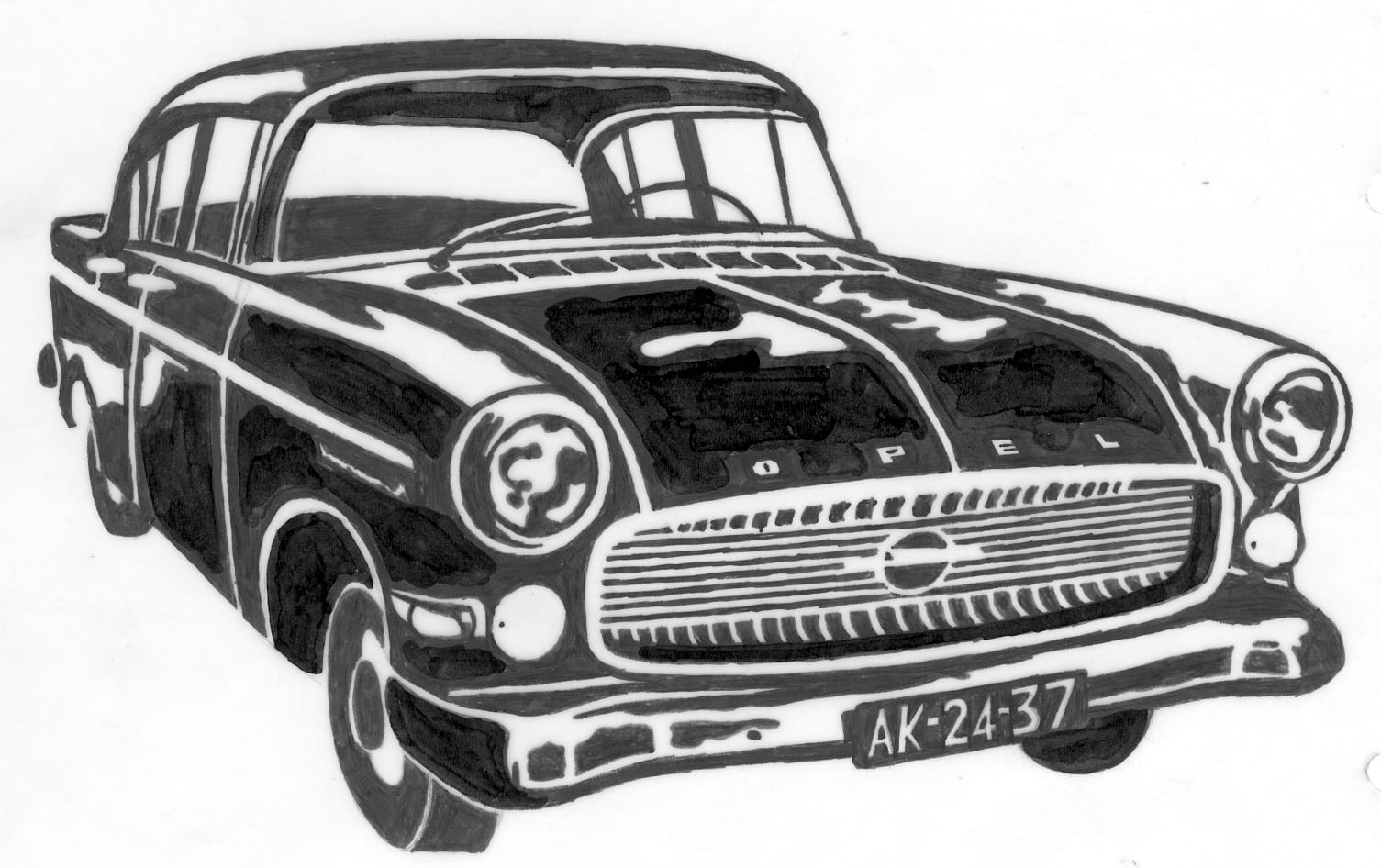 Tekening van een oldtimer op een grafmonument