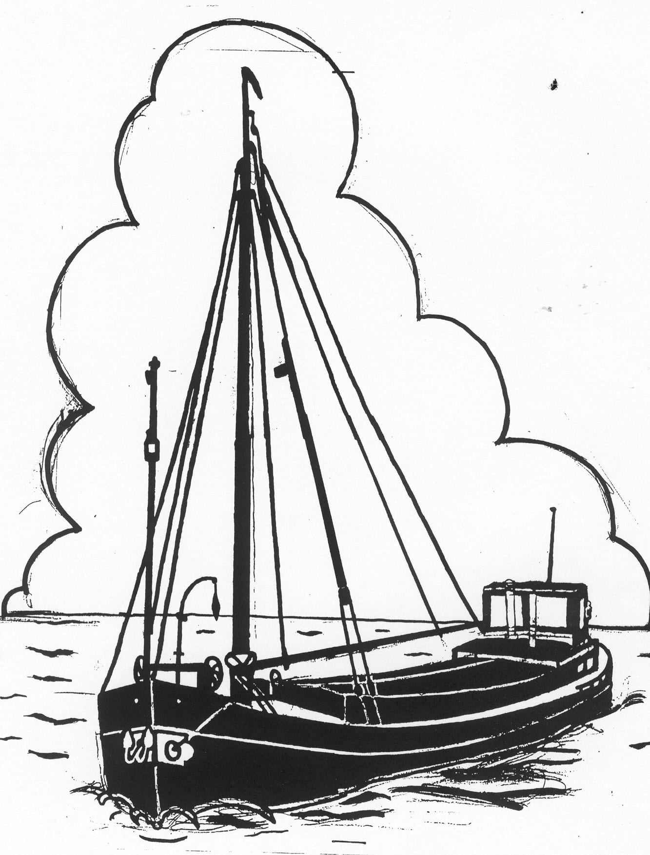 Een afbeelding van een grote donkere motorboot die kan worden gezandstraald op een grafmonument